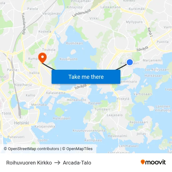 Roihuvuori Church to Arcada Building map