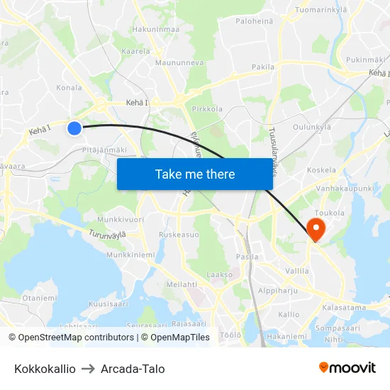 Kokkokallio to Arcada Building map