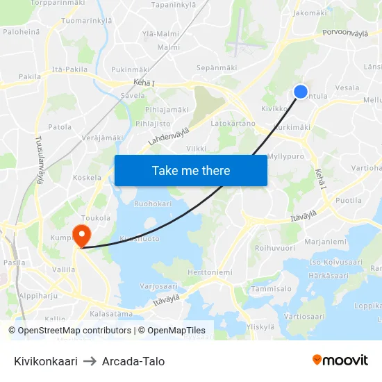 Kivikonkaari to Arcada-Talo map