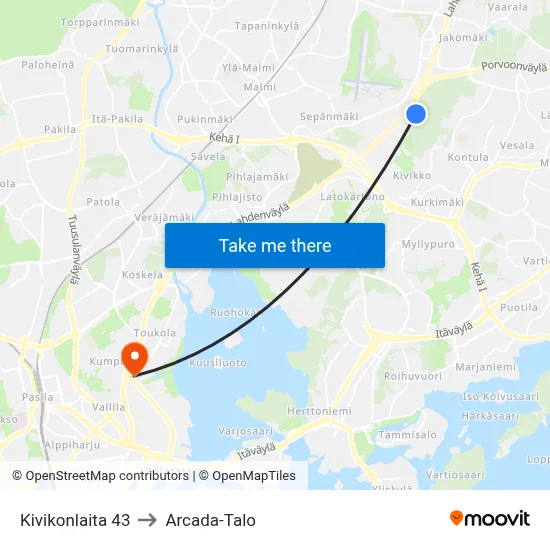 Kivikonlaita 43 to Arcada-Talo map