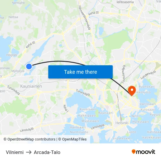 Vilniemi to Arcada-Talo map