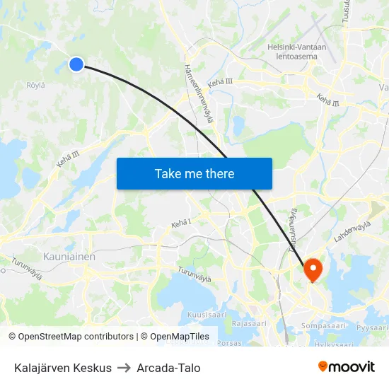 Kalajärvi Center to Arcada Building map
