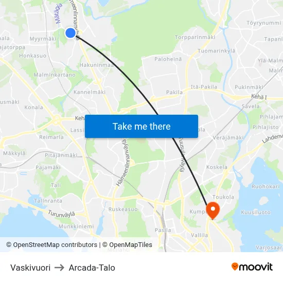 Vaskivuori to Arcada-Talo map