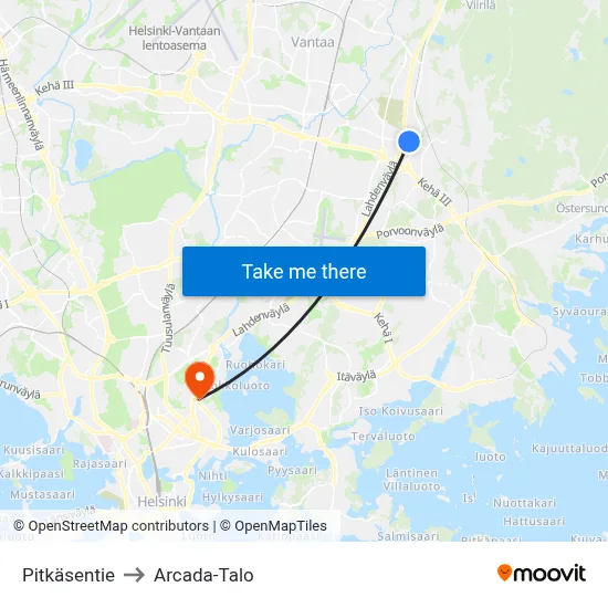 Pitkäsentie to Arcada-Talo map
