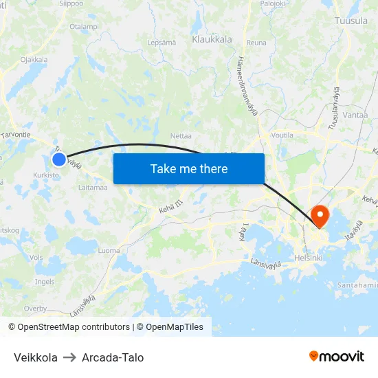 Veikkola to Arcada-Talo map