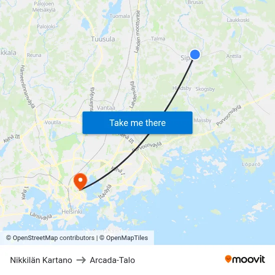 Nikkila Manor to Arcada Building map