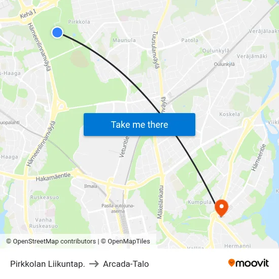 Pirkkola Sports Park to Arcada Building map
