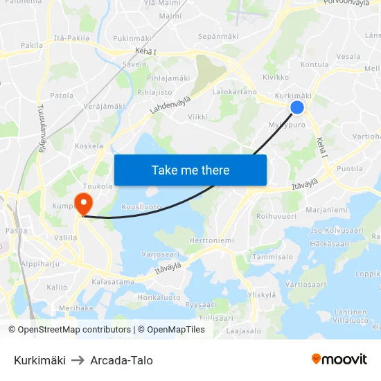 Kurkimäki to Arcada Building map