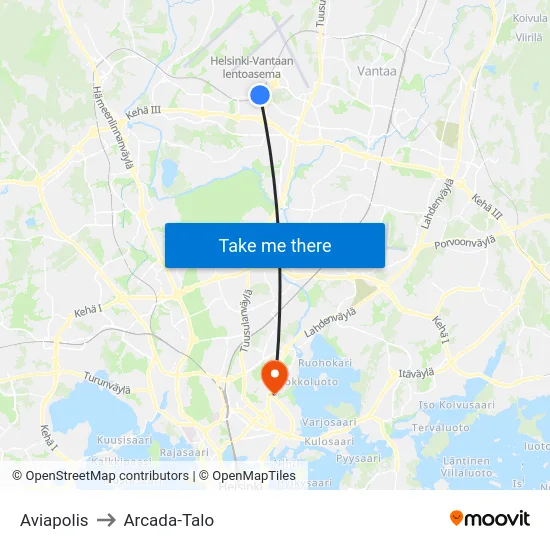 Aviapolis to Arcada-Talo map