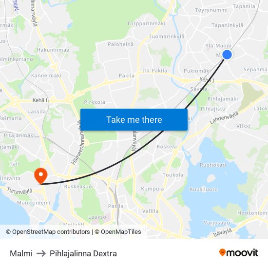 Malmi to Pihlajalinna Dextra map