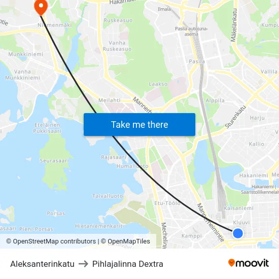 Aleksanterinkatu to Pihlajalinna Dextra map