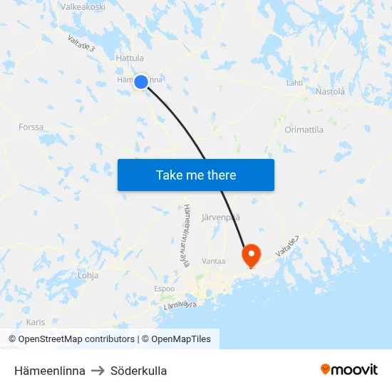 Hameenlinna to Söderkulla map