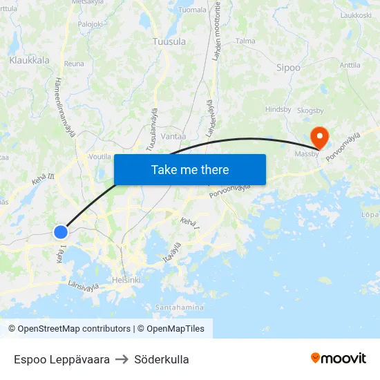 Espoo Leppävaara to Söderkulla map