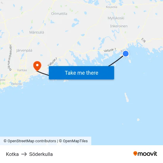 Kotka to Söderkulla map