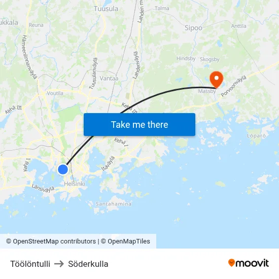 Töölö Toll to Söderkulla map