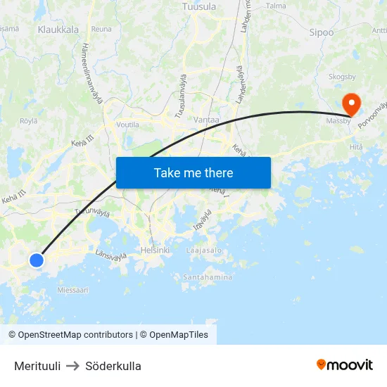 Merituuli to Söderkulla map