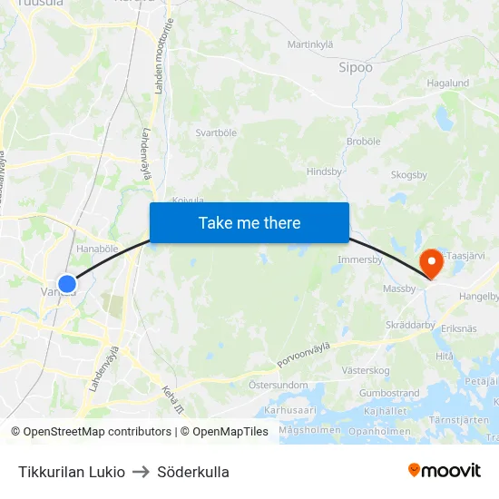 Tikkurila High School to Söderkulla map