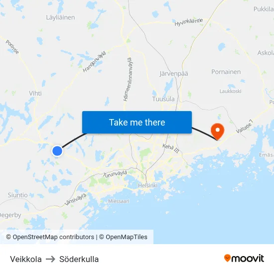 Veikkola to Söderkulla map