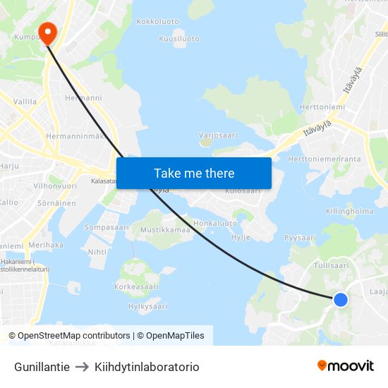 Gunillantie to Kiihdytinlaboratorio map