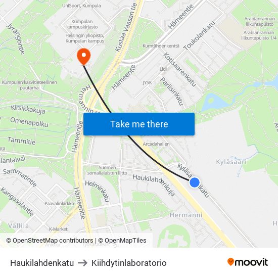 Haukilahdenkatu to Kiihdytinlaboratorio map