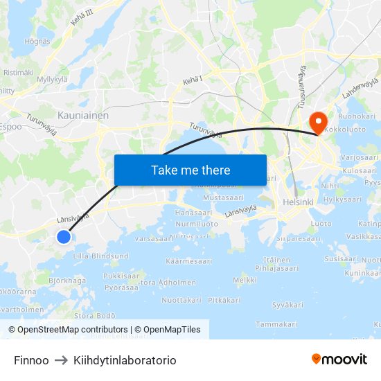 Finnoo to Kiihdytinlaboratorio map