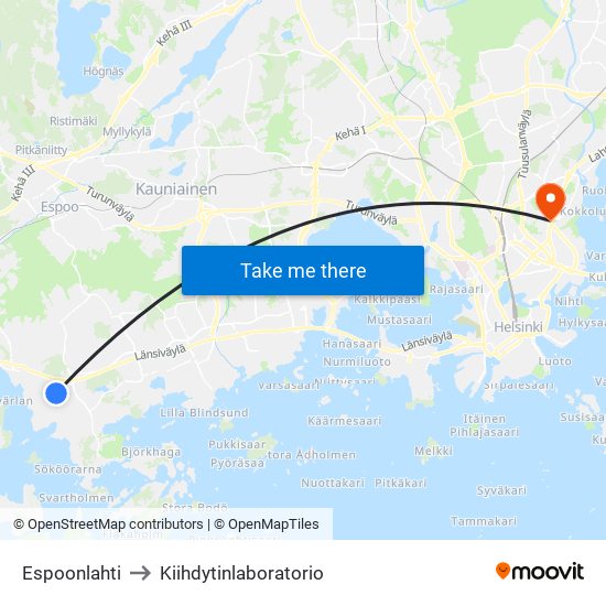 Espoonlahti to Kiihdytinlaboratorio map