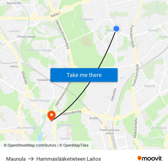 Maunula to Hammaslääketieteen Laitos map