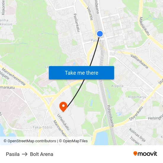Pasila to Bolt Arena map