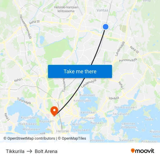 Tikkurila to Bolt Arena map