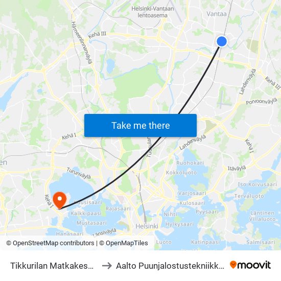 Tikkurilan Matkakeskus to Aalto Puunjalostustekniikka 1 map