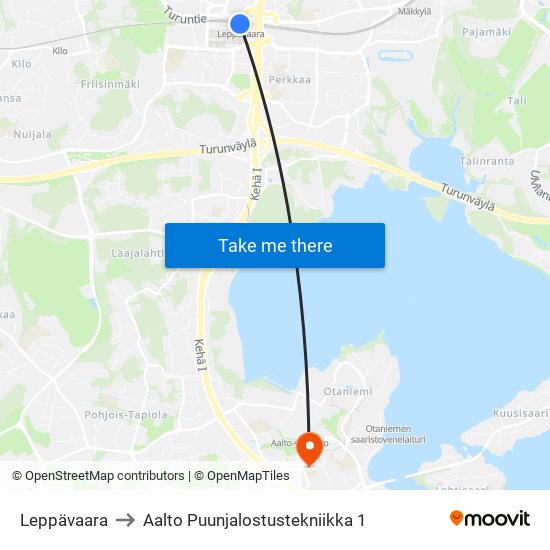 Leppävaara to Aalto Puunjalostustekniikka 1 map