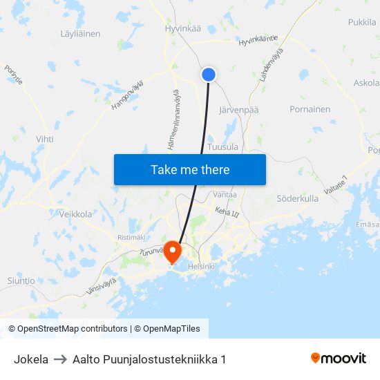 Jokela to Aalto Puunjalostustekniikka 1 map