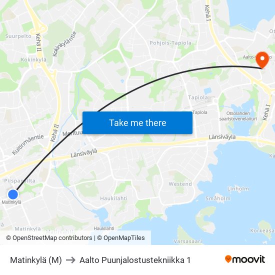 Matinkylä (M) to Aalto Puunjalostustekniikka 1 map