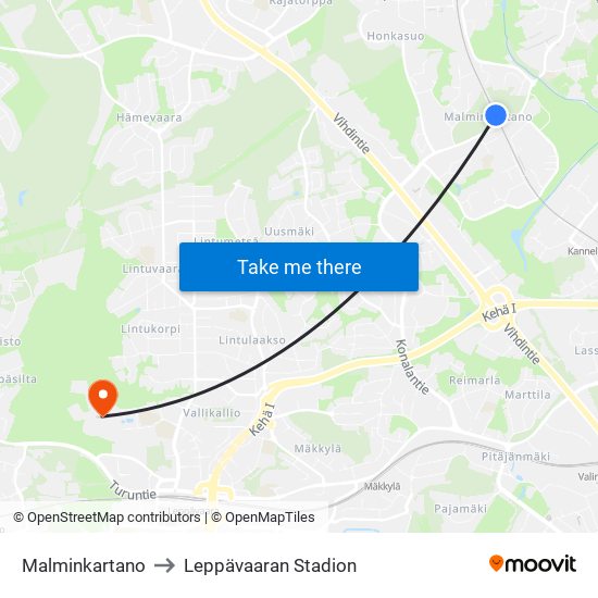 Malminkartano to Leppävaaran Stadion map