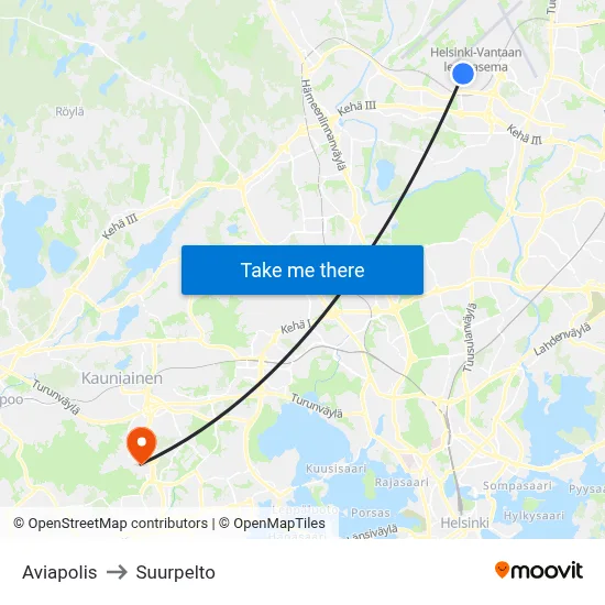 Aviapolis to Suurpelto map