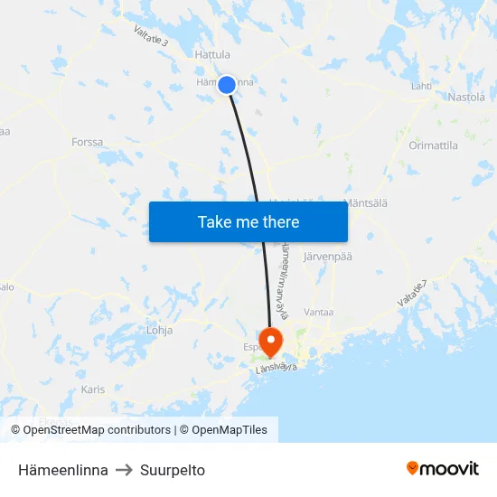 Hameenlinna to Suurpelto map