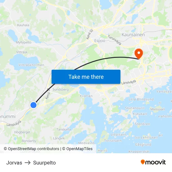 Jorvas to Suurpelto map