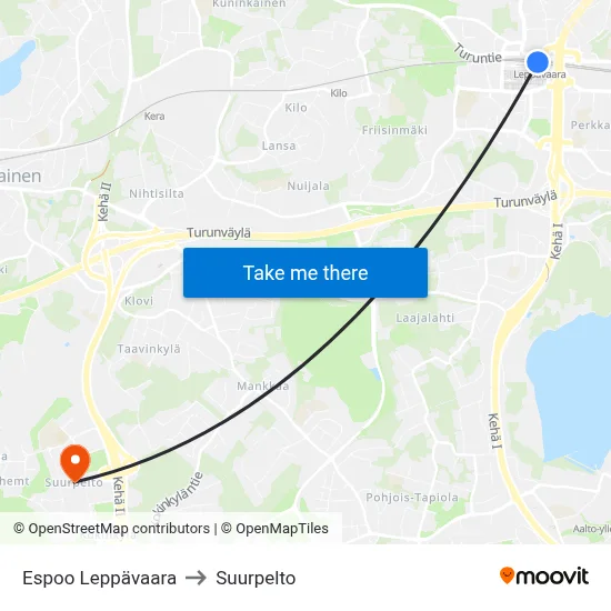 Espoo Leppävaara to Suurpelto map