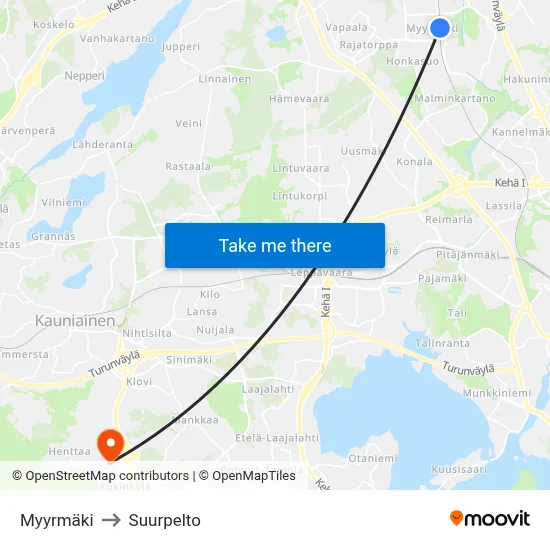 Myyrmäki to Suurpelto map