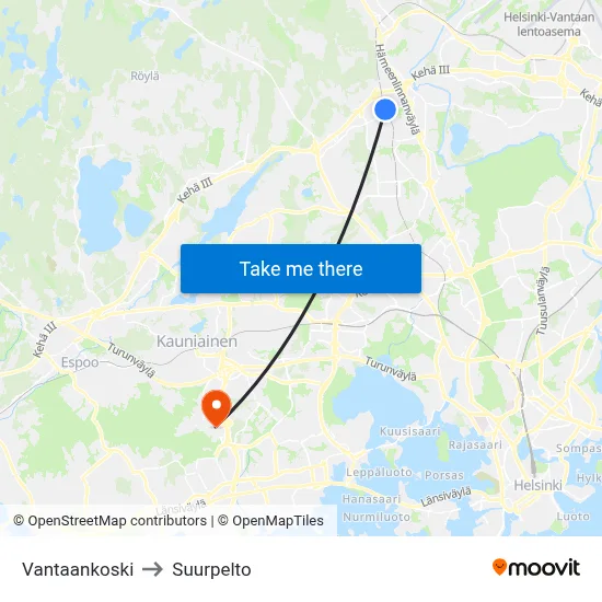Vantaankoski to Suurpelto map