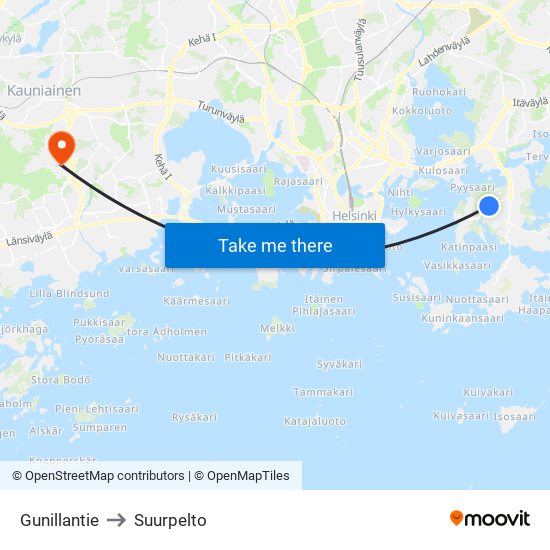 Gunillantie to Suurpelto map