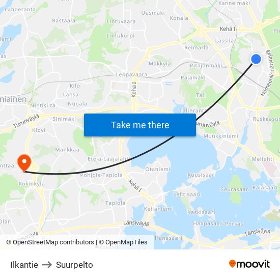Ilkantie to Suurpelto map
