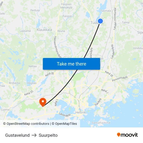 Gustavelund to Suurpelto map