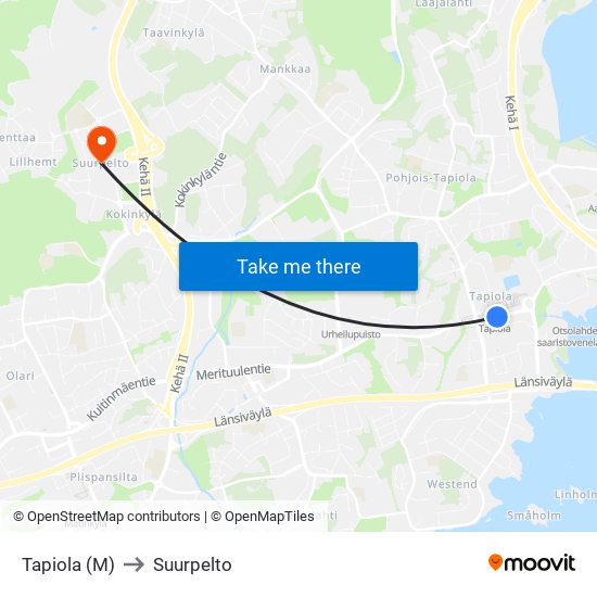 Tapiola (M) to Suurpelto map