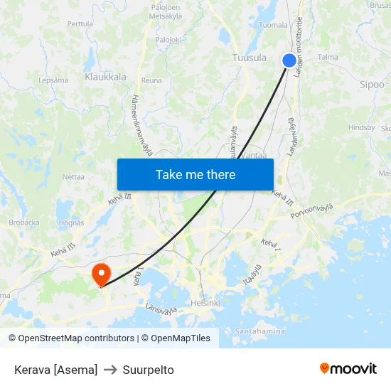 Kerava Station to Suurpelto map