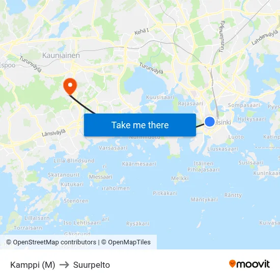 Kamppi (M) to Suurpelto map