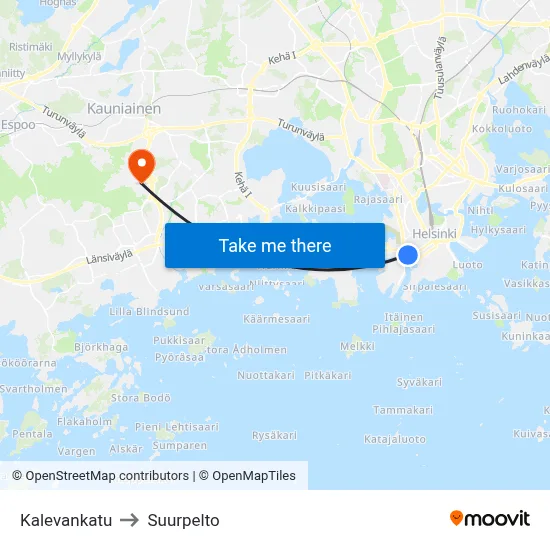 Kalevankatu to Suurpelto map