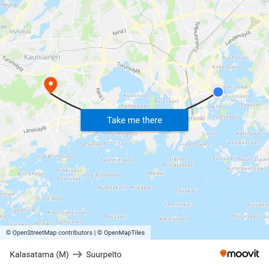 Kalasatama (M) to Suurpelto map