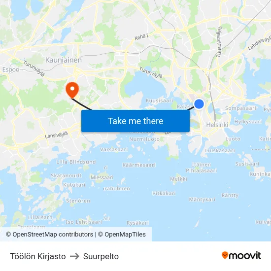 Töölö Library to Suurpelto map