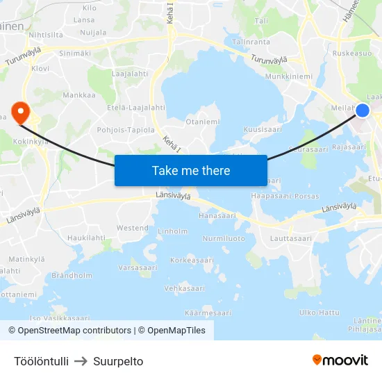 Töölöntulli to Suurpelto map